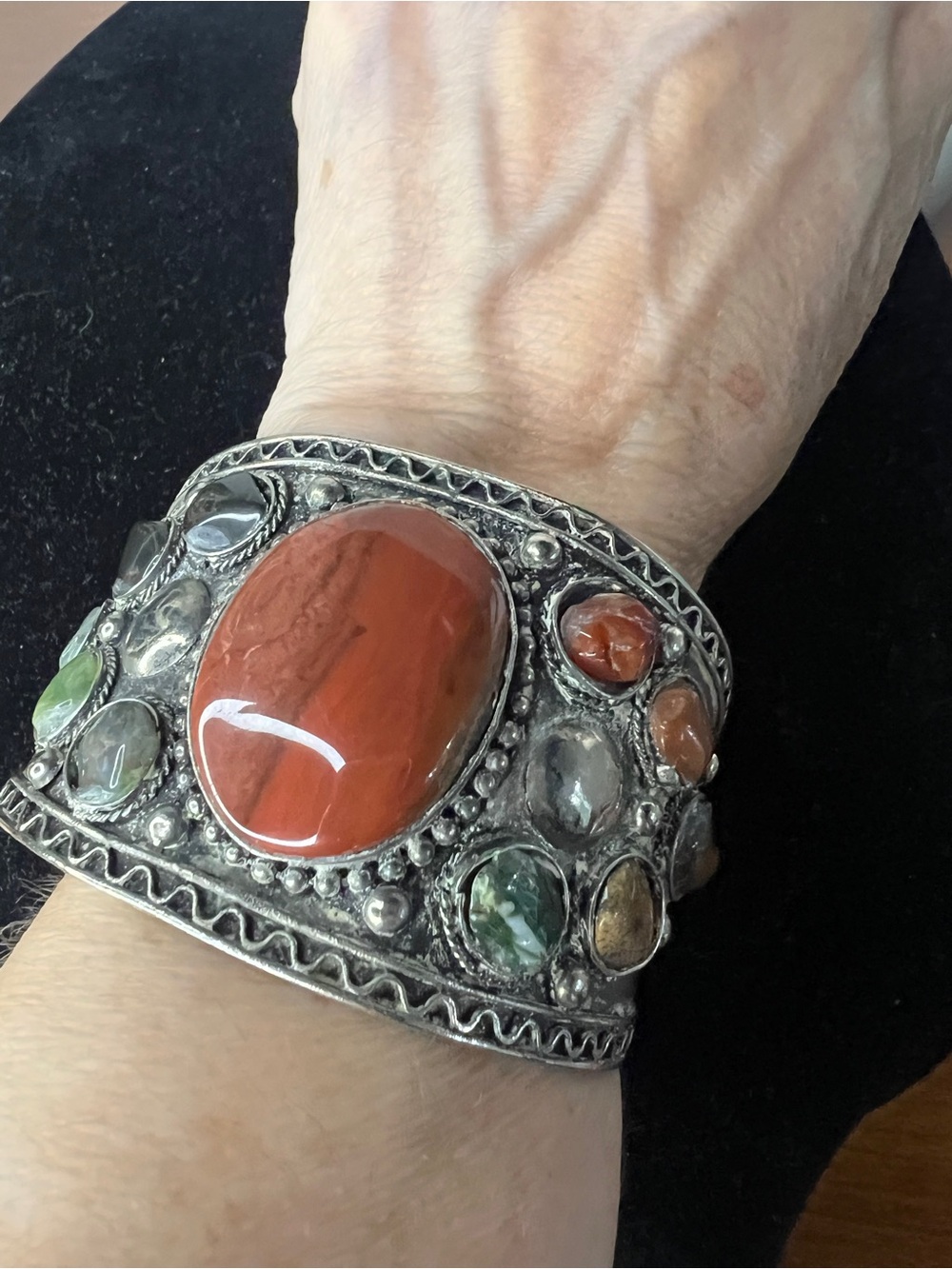 Multi-Stone Silver Cuff Bracelet with Red Stone center cab